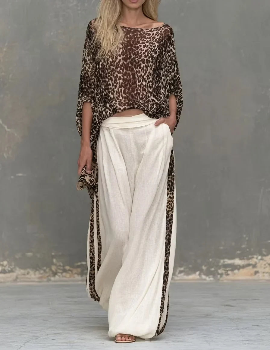MARCELLA | LEOPARD-PRINT TOP & WIDE-LEG TROUSERS SET