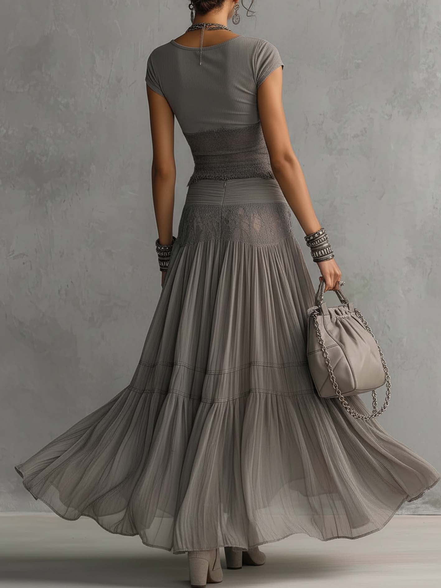 Patricia Lace-Paneled Pleated Maxi Skirt Set