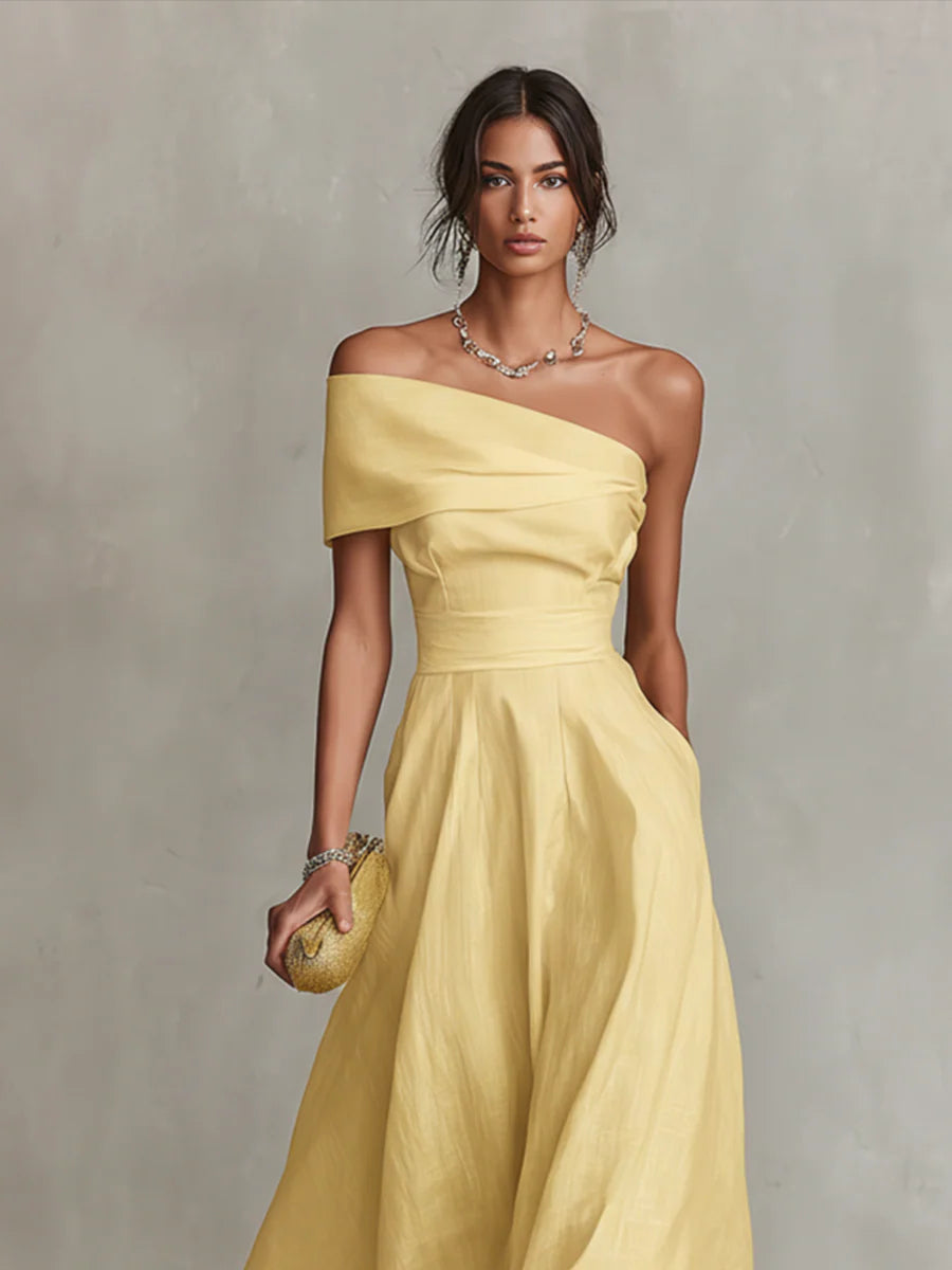 Yellow Linen One-Shoulder Maxi Dress