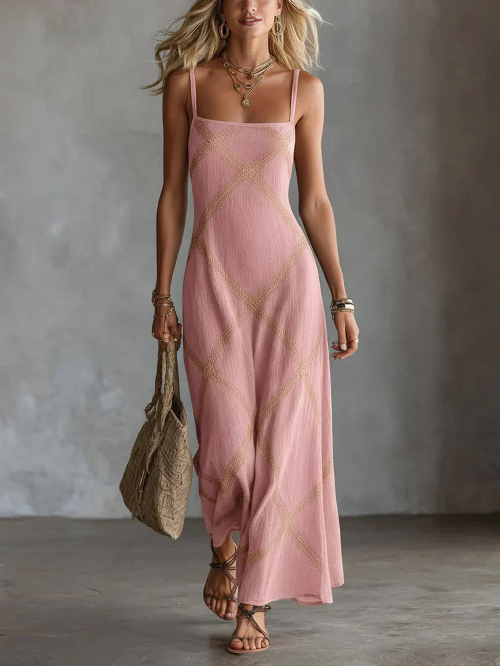 Melisa Geometric Maxi Dress with Square Neckline