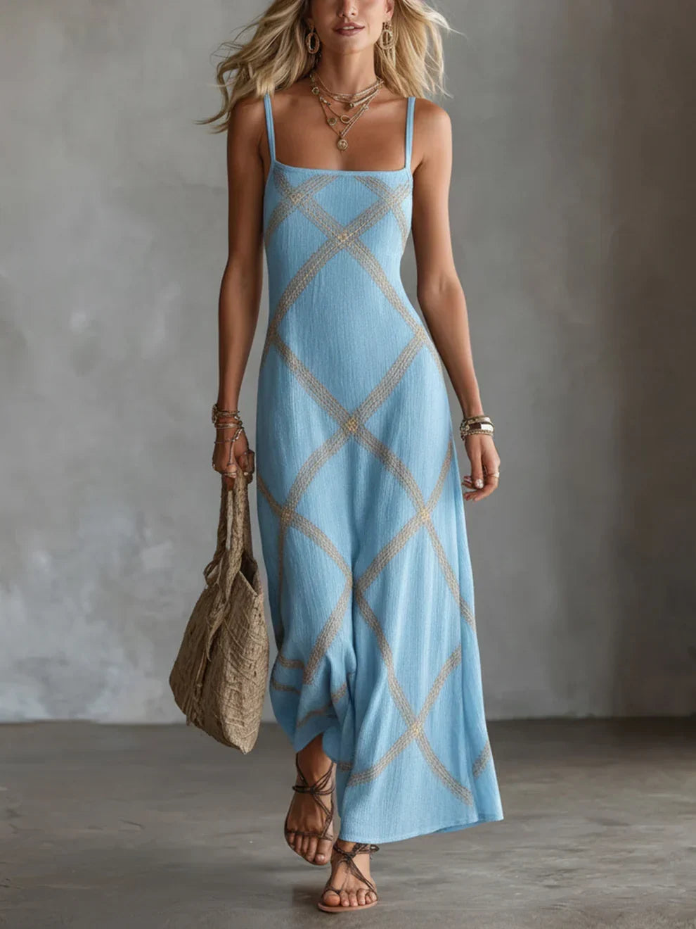 Melisa Geometric Maxi Dress with Square Neckline