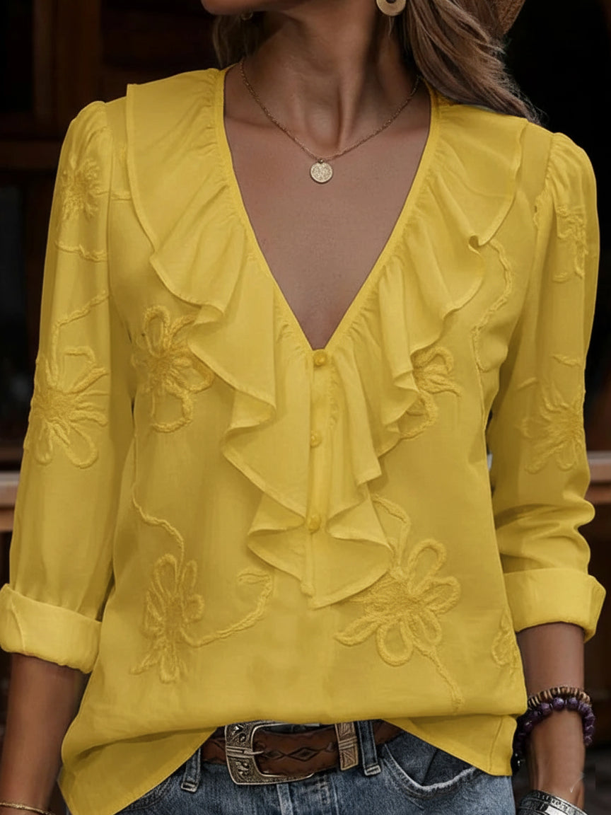 CELESTINE | VINTAGE FLORAL EMBROID ERED FRILL V-NECK SHIRT