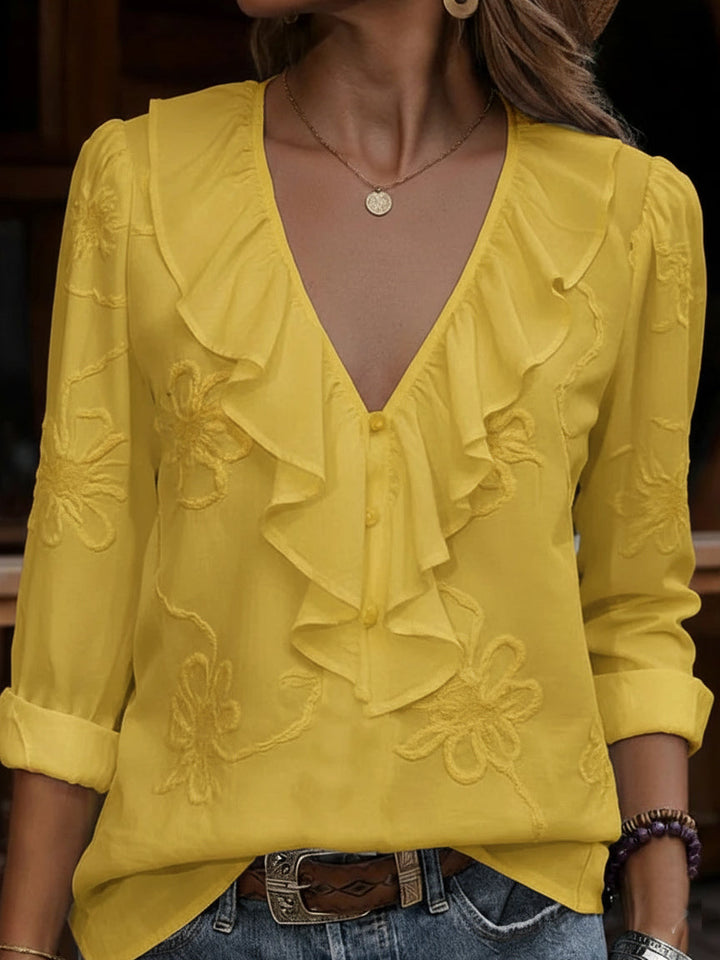 CELESTINE | VINTAGE FLORAL EMBROID ERED FRILL V-NECK SHIRT