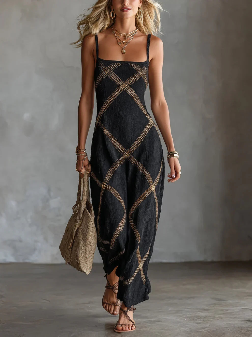 Melisa Geometric Maxi Dress with Square Neckline