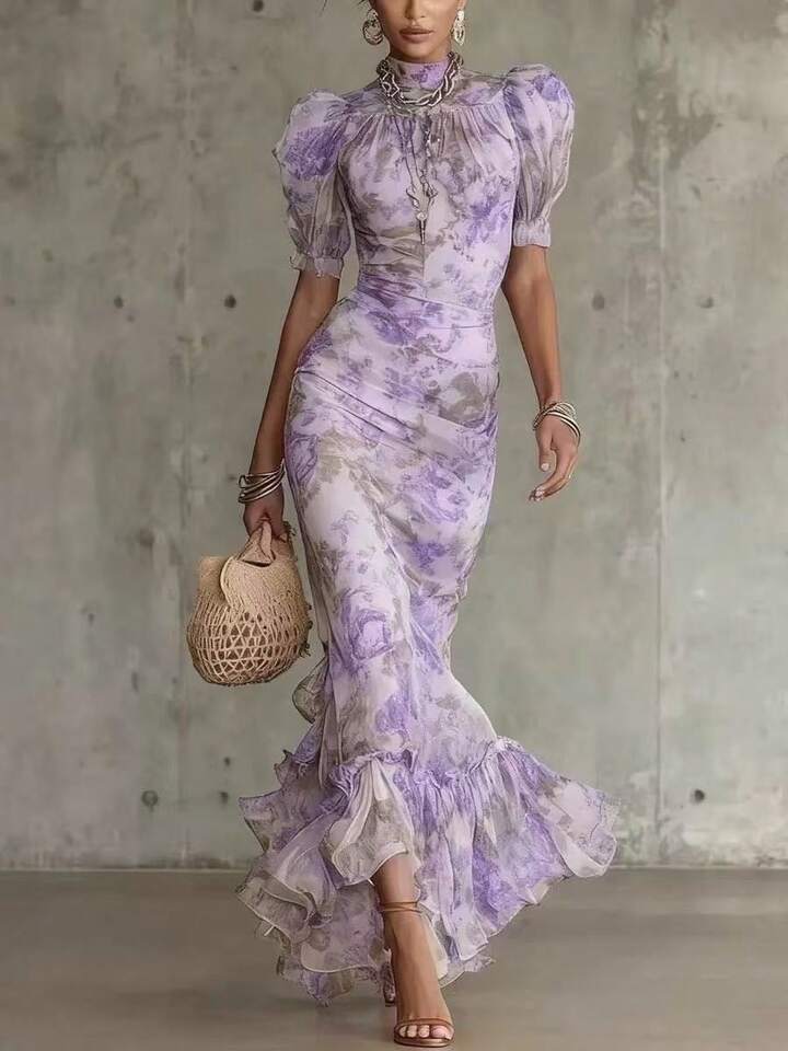 Eugenia Vintage Floral Print Maxi Dress in Pink with Puff Sleeves (Accessories not included)