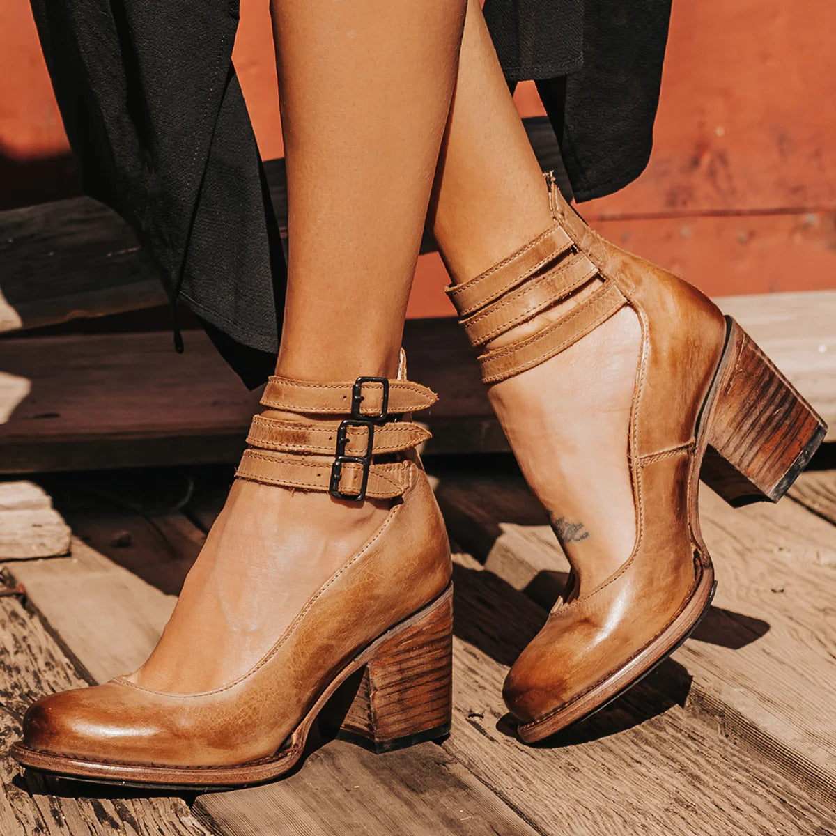 Sienna Triple-Buckle Leather Heel