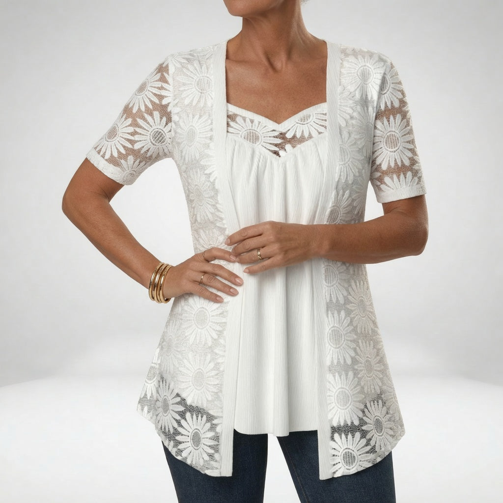 Prudence™ — Elegant White Lace Short Sleeve Blouse