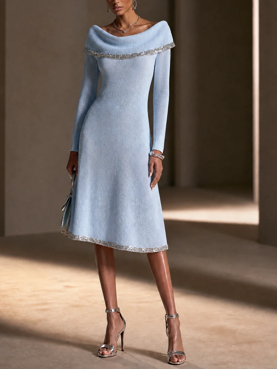 Elegant Off-Shoulder Trim Detail Long Sleeve Knit Midi Dress