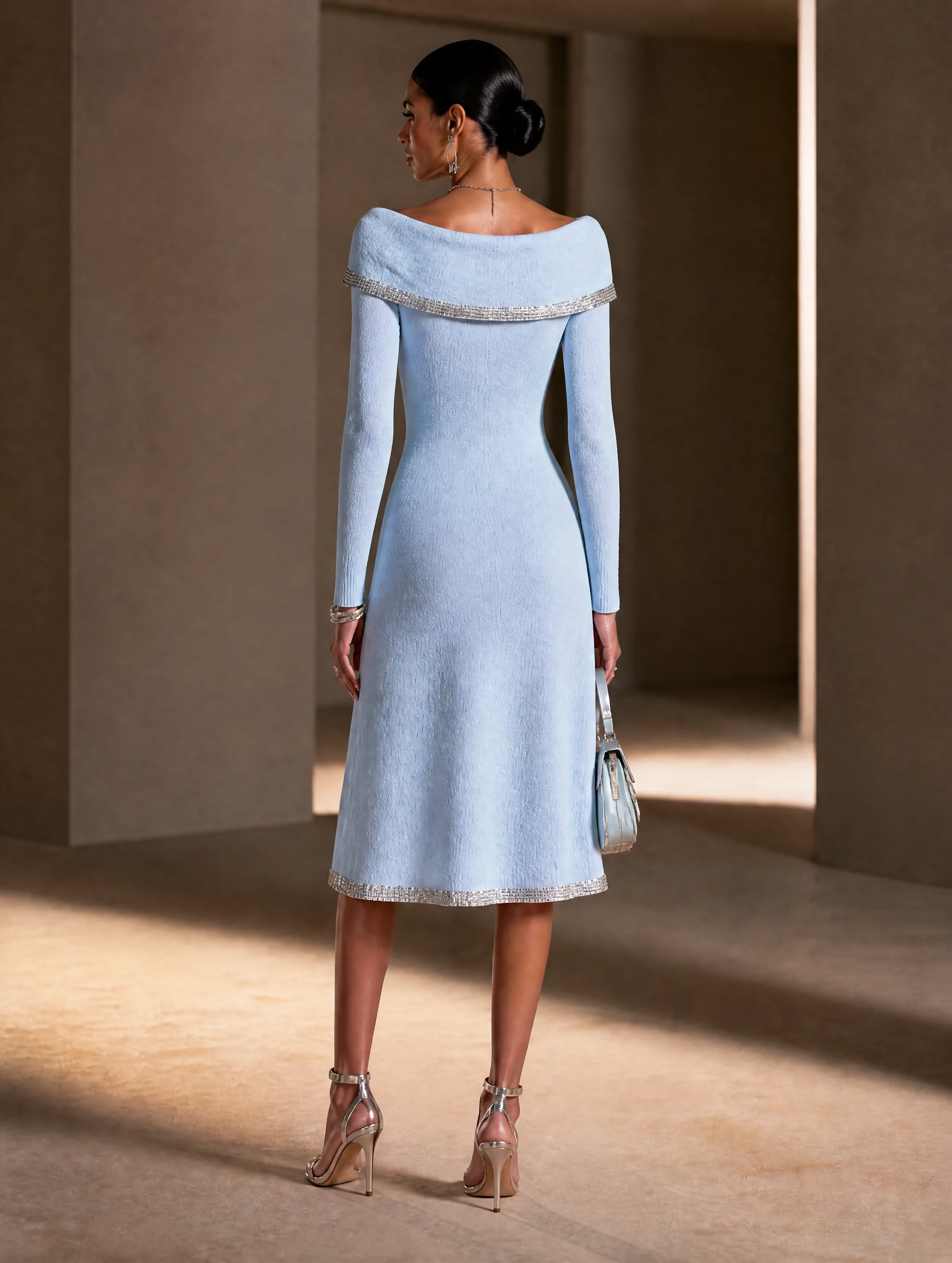 Elegant Off-Shoulder Trim Detail Long Sleeve Knit Midi Dress