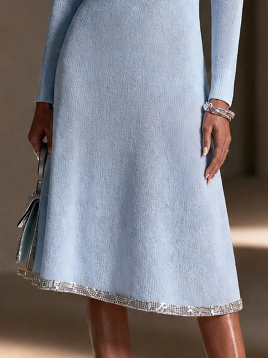 Elegant Off-Shoulder Trim Detail Long Sleeve Knit Midi Dress