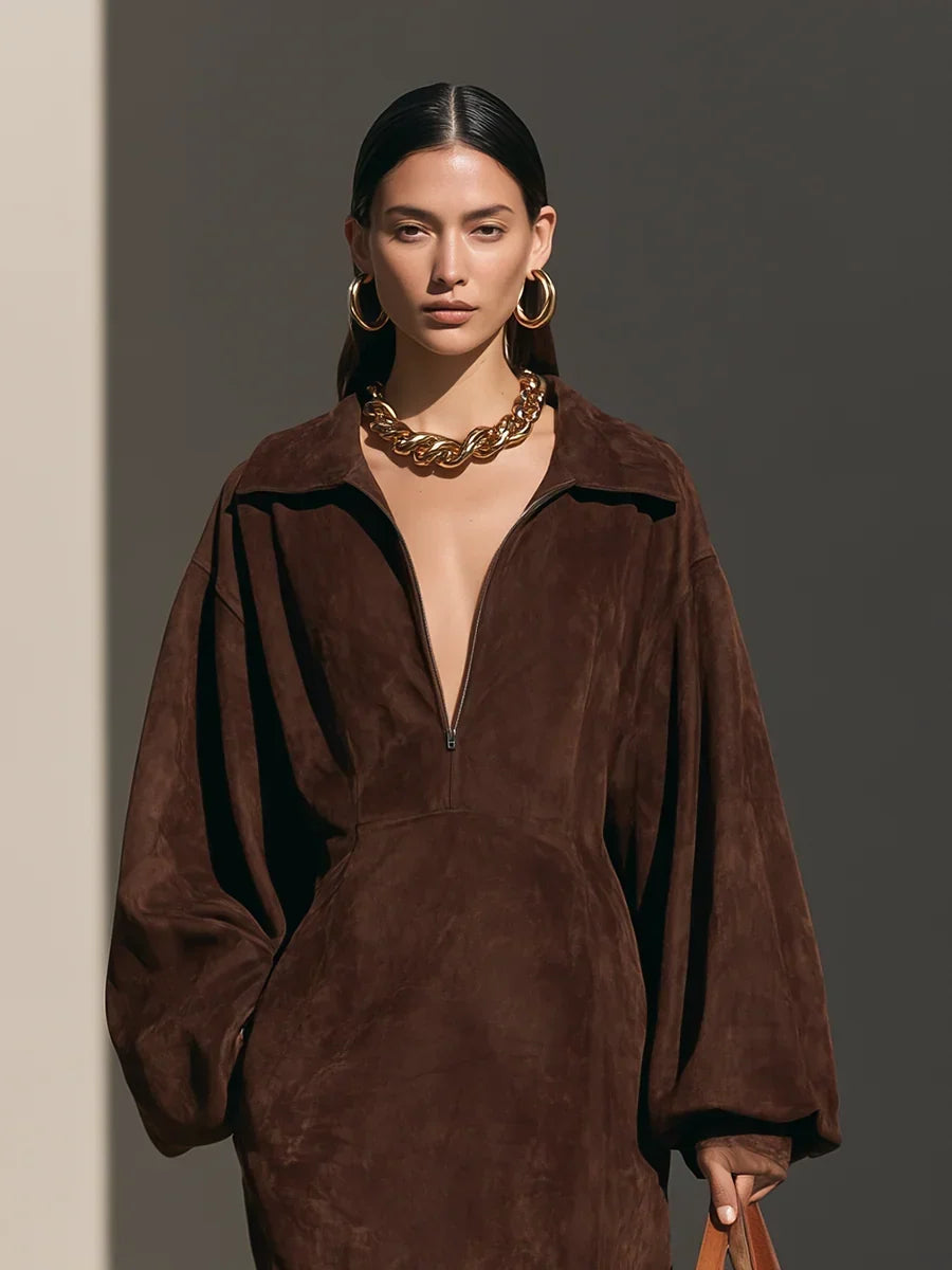 KLARA | SUEDE-LOOK HALF-ZIP MAXI DRESS