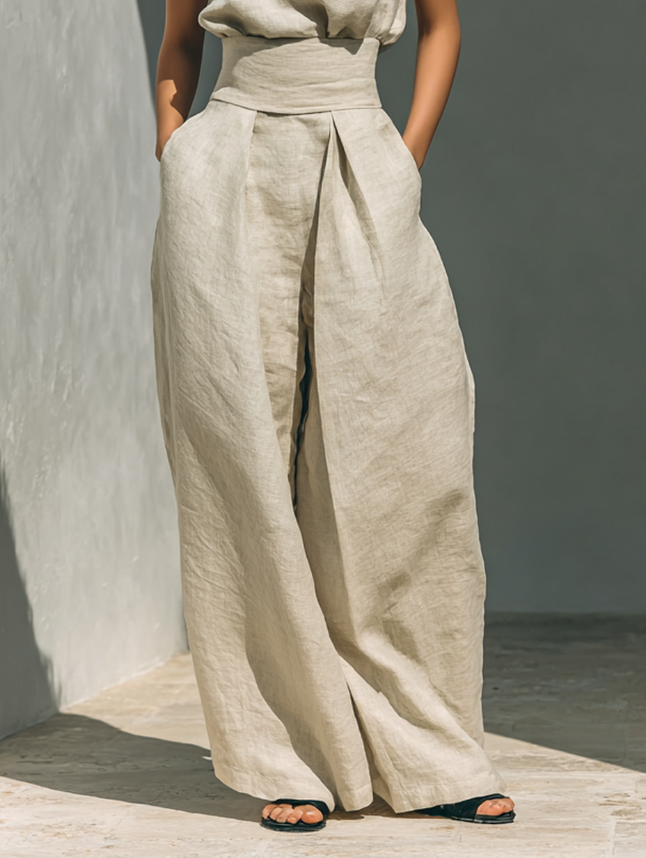 Women's minimalist set in cotton and linen with sleeveless blouse and wide-leg pants