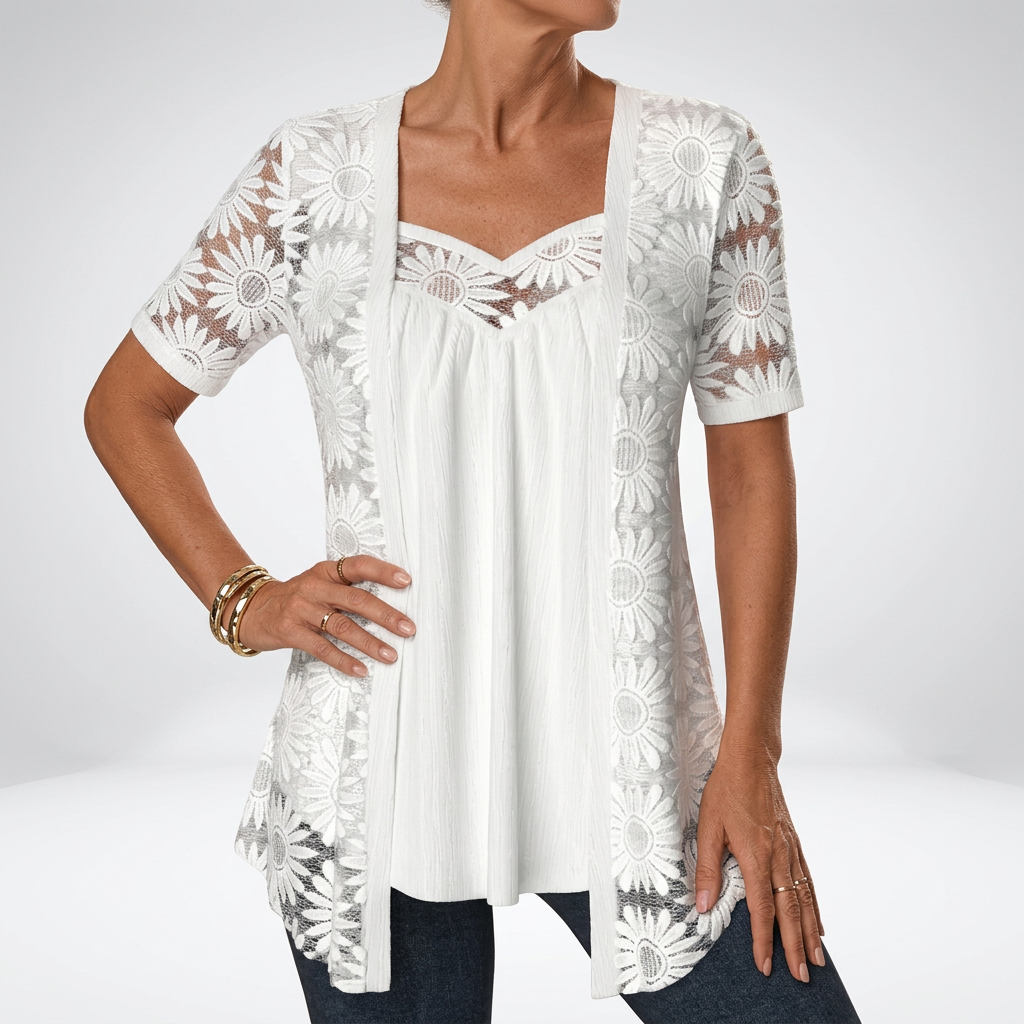 Prudence™ — Elegant White Lace Short Sleeve Blouse