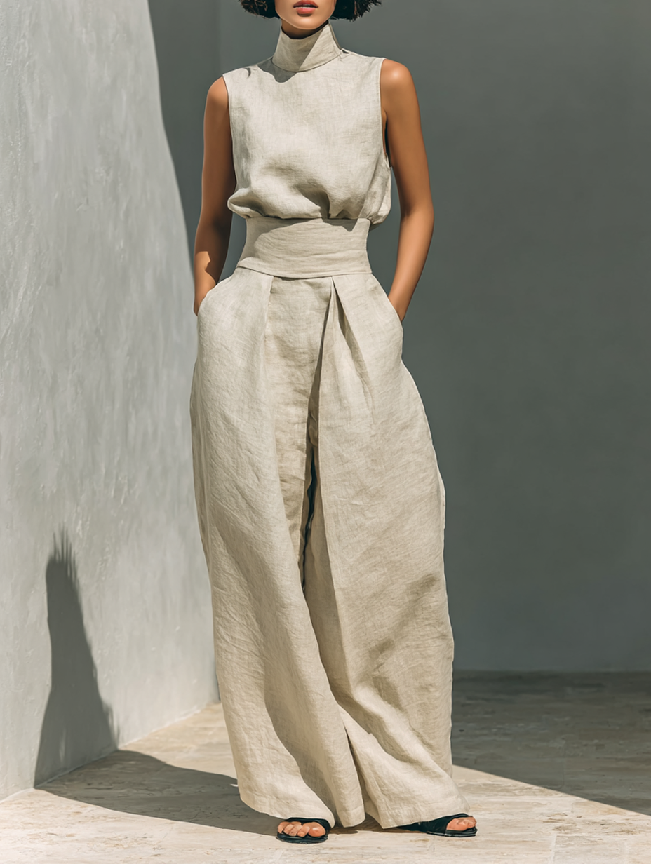 Women's minimalist set in cotton and linen with sleeveless blouse and wide-leg pants