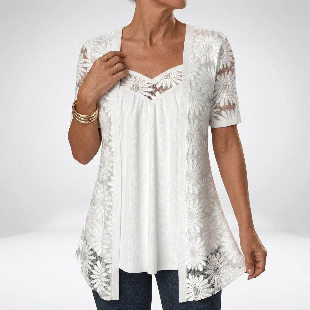 Prudence™ — Elegant White Lace Short Sleeve Blouse