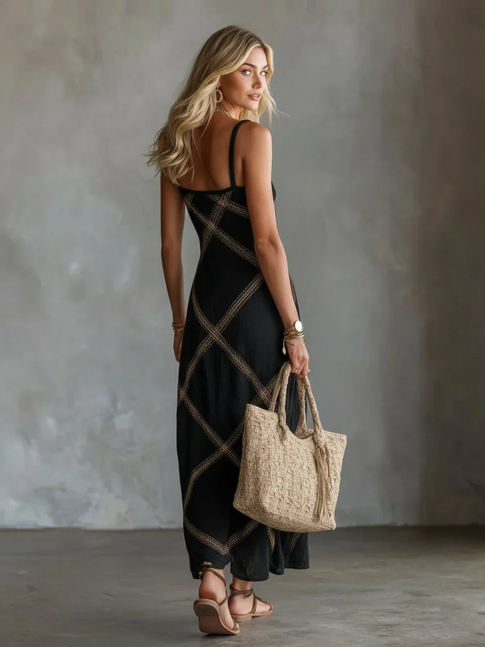 Melisa Geometric Maxi Dress with Square Neckline