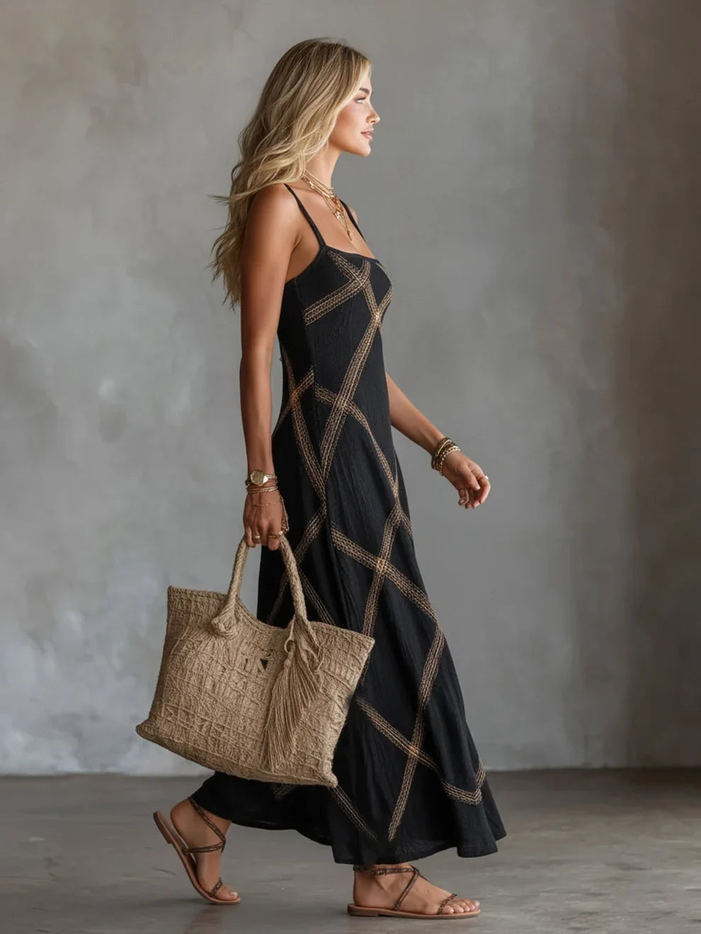 Melisa Geometric Maxi Dress with Square Neckline