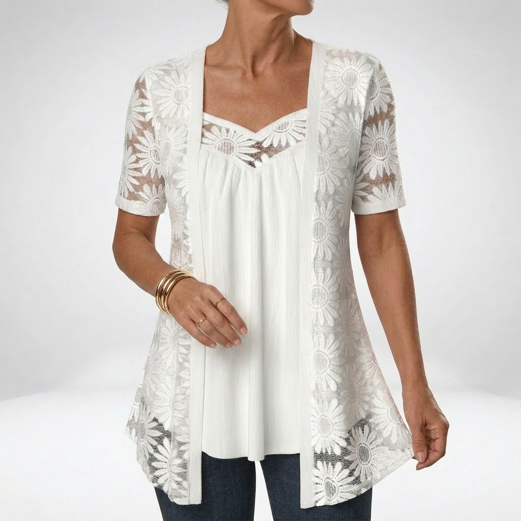 Prudence™ — Elegant White Lace Short Sleeve Blouse