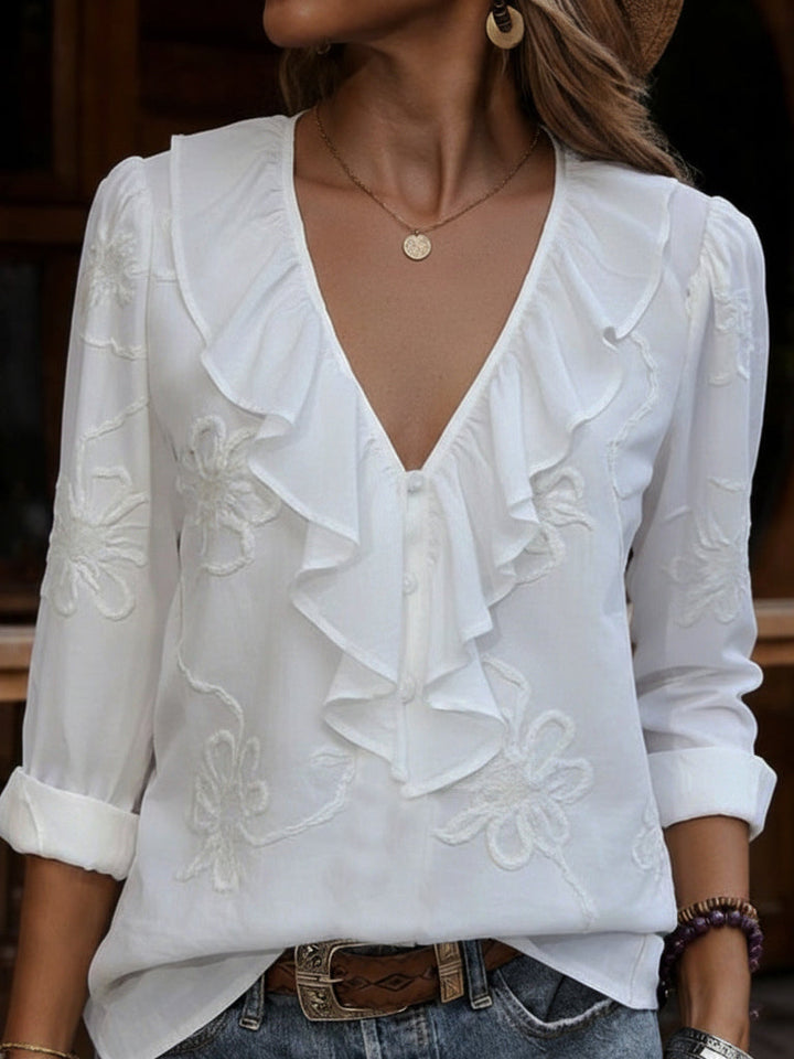 CELESTINE | VINTAGE FLORAL EMBROID ERED FRILL V-NECK SHIRT