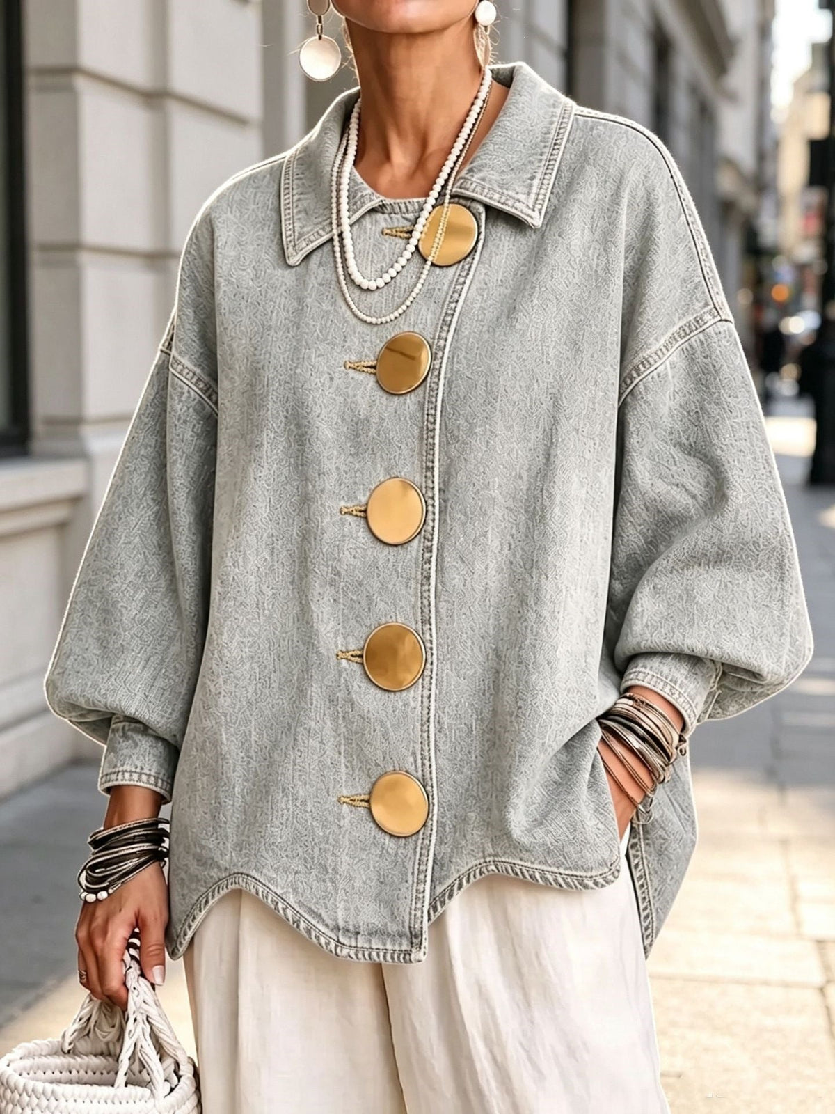 Grace | Collared Oversized Denim Jacket With Large Metal Buttons