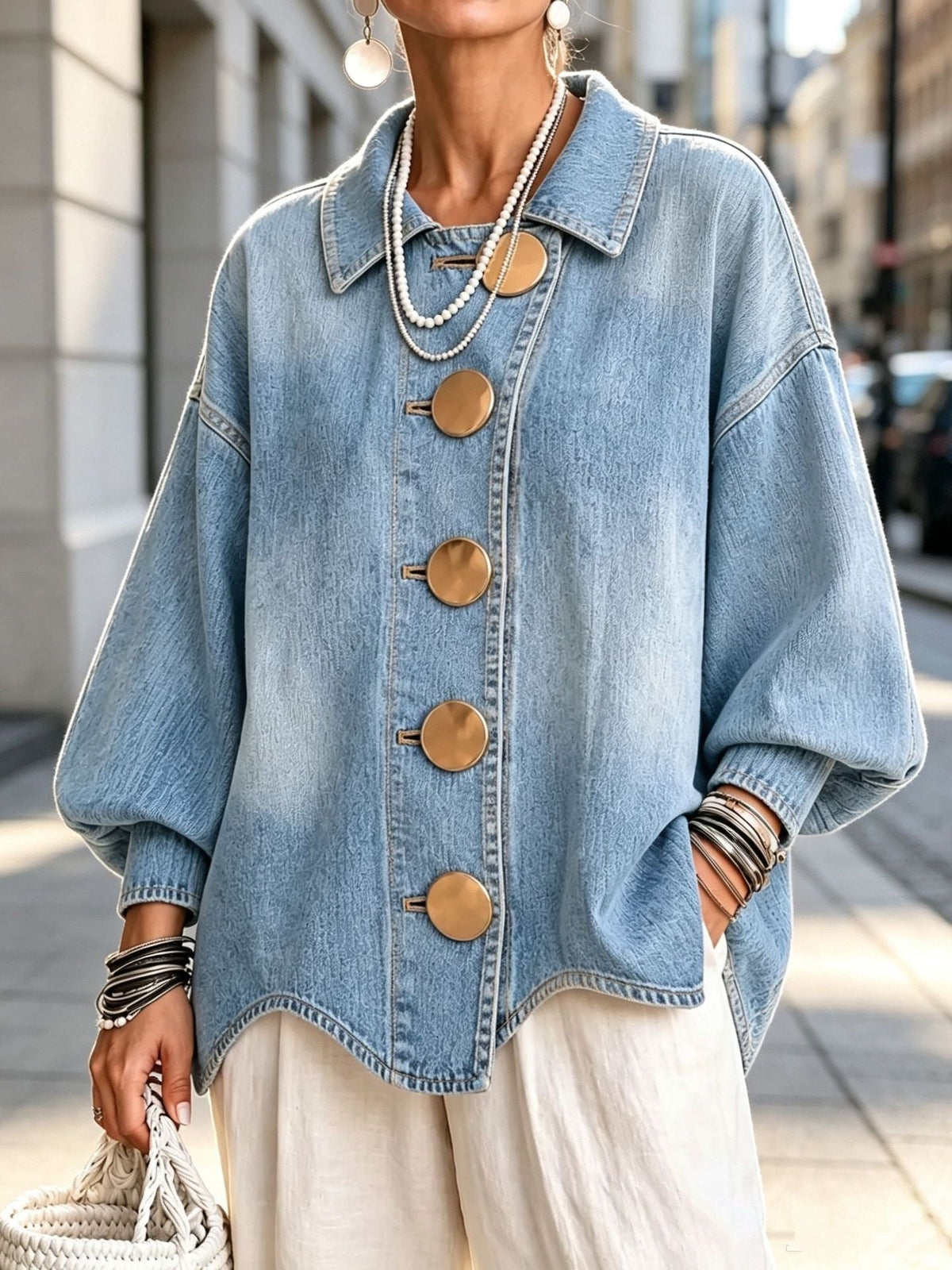 Grace | Collared Oversized Denim Jacket With Large Metal Buttons