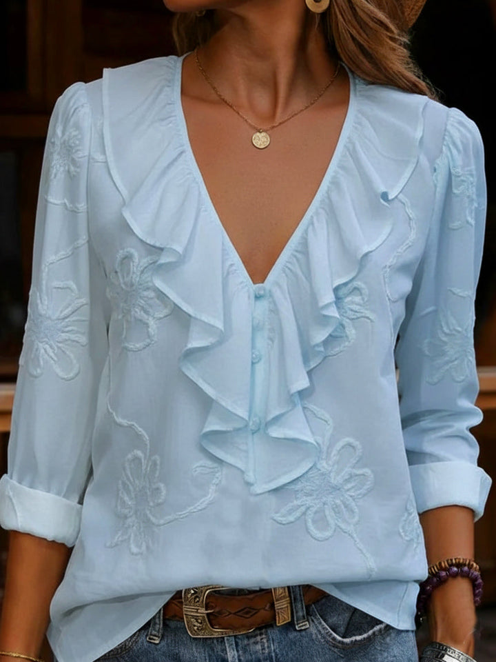 CELESTINE | VINTAGE FLORAL EMBROID ERED FRILL V-NECK SHIRT