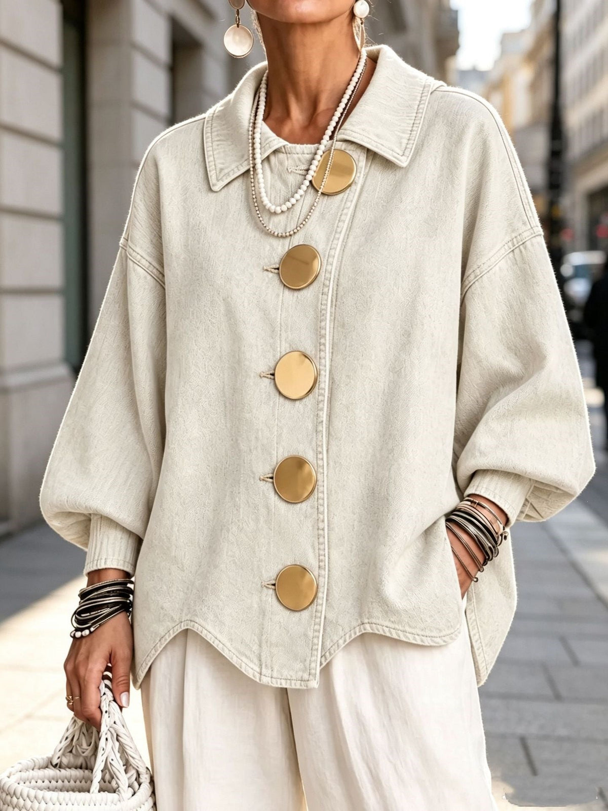 Grace | Collared Oversized Denim Jacket With Large Metal Buttons