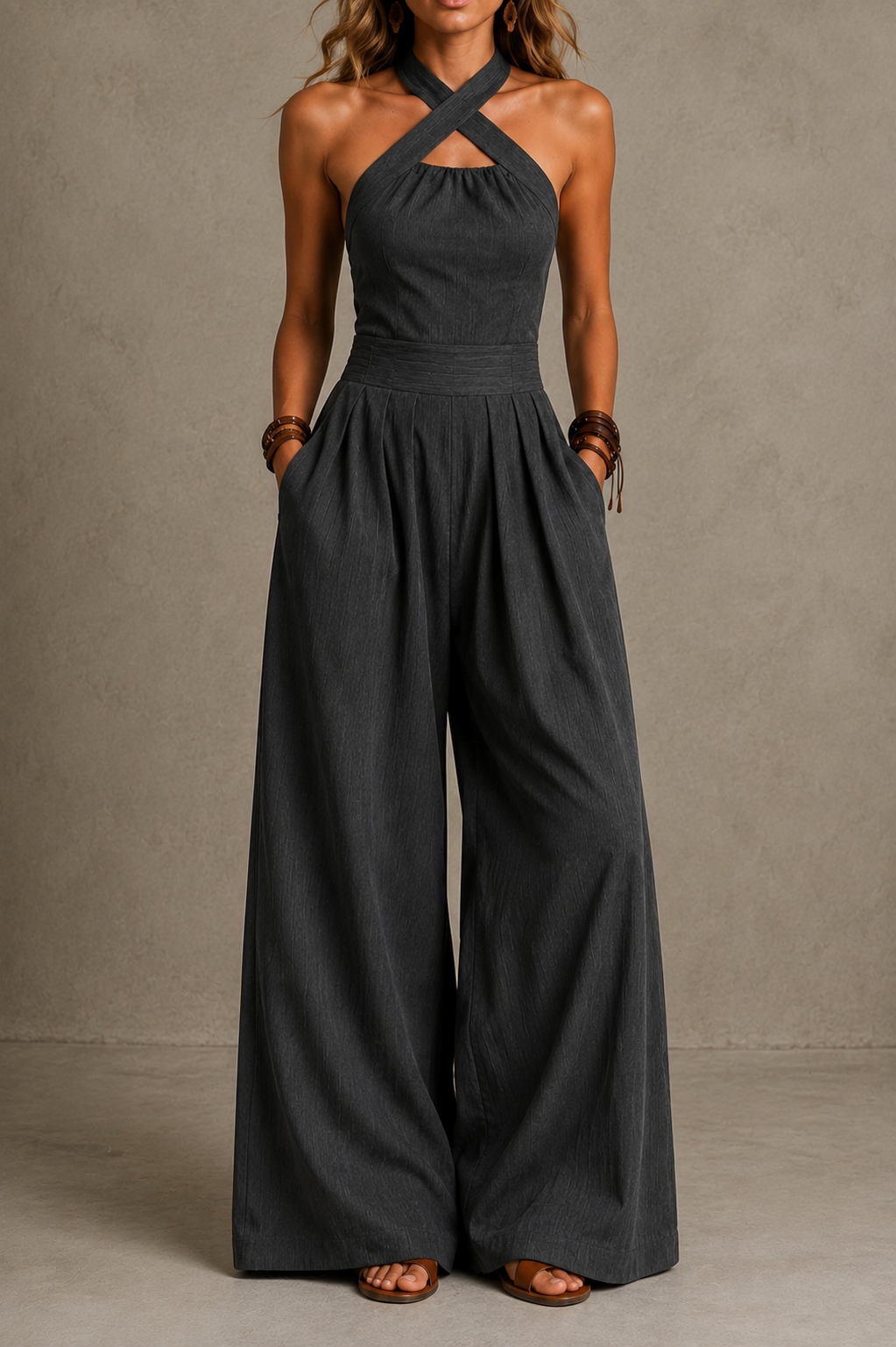 Bianca | Elegant linen jumpsuit with crossover neckline