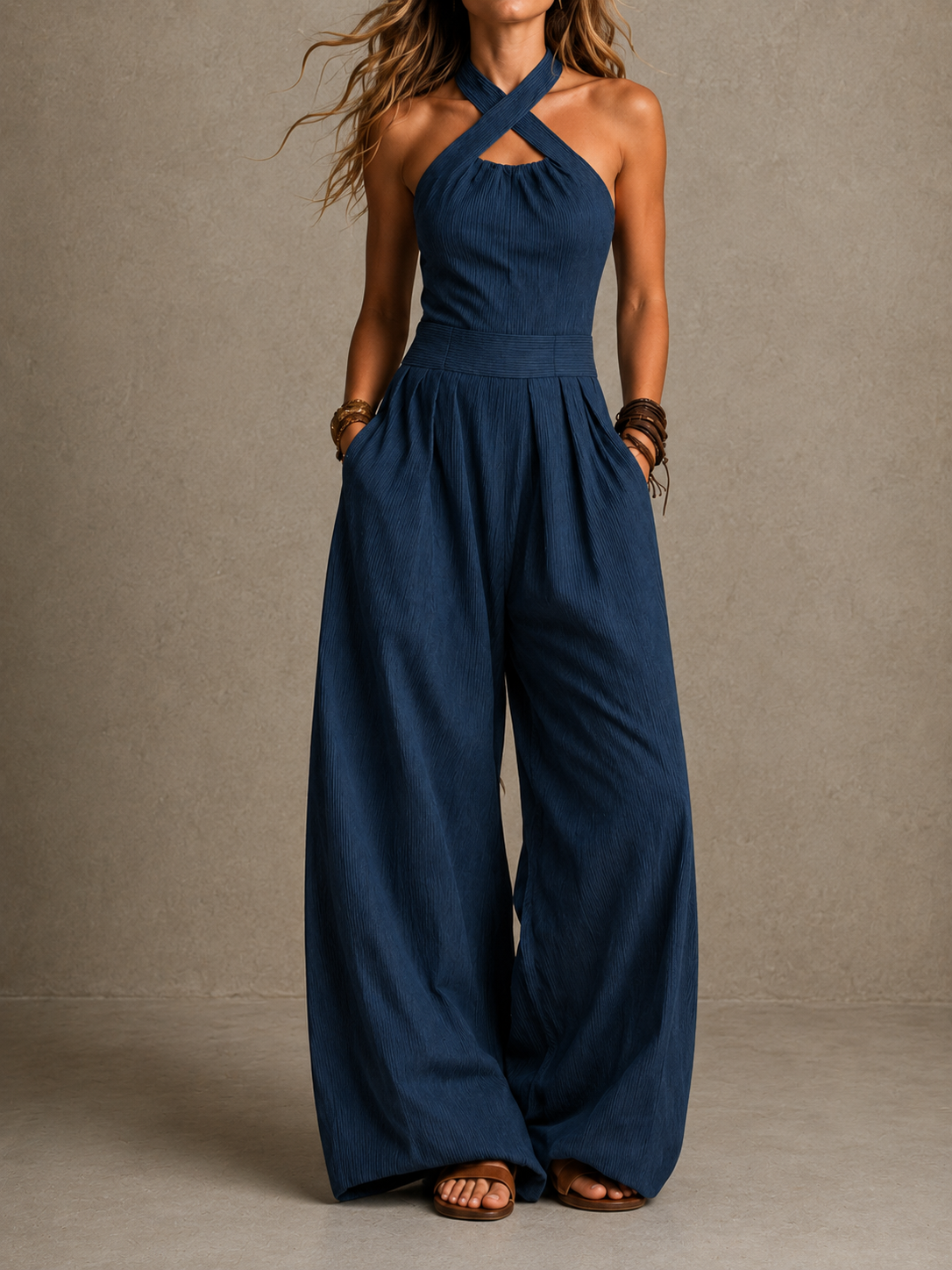 Bianca | Elegant linen jumpsuit with crossover neckline