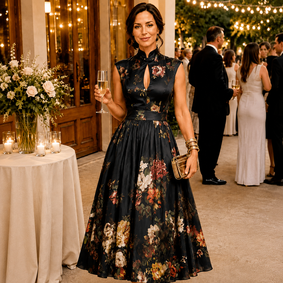 Black Keyhole Collar Floral Pleated Satin Midi Dress