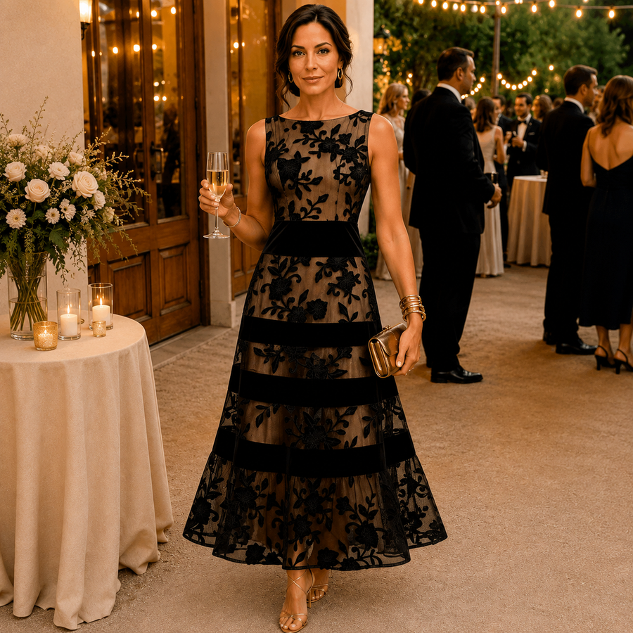 Black Mesh Floral Sleeveless A-Line Midi Dress
