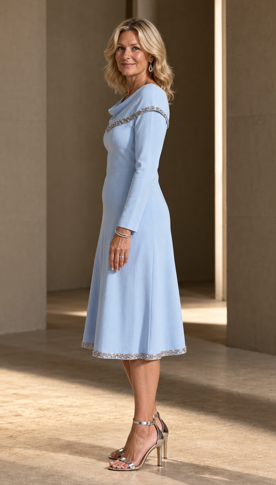 Elegant Off-Shoulder Trim Detail Long Sleeve Knit Midi Dress