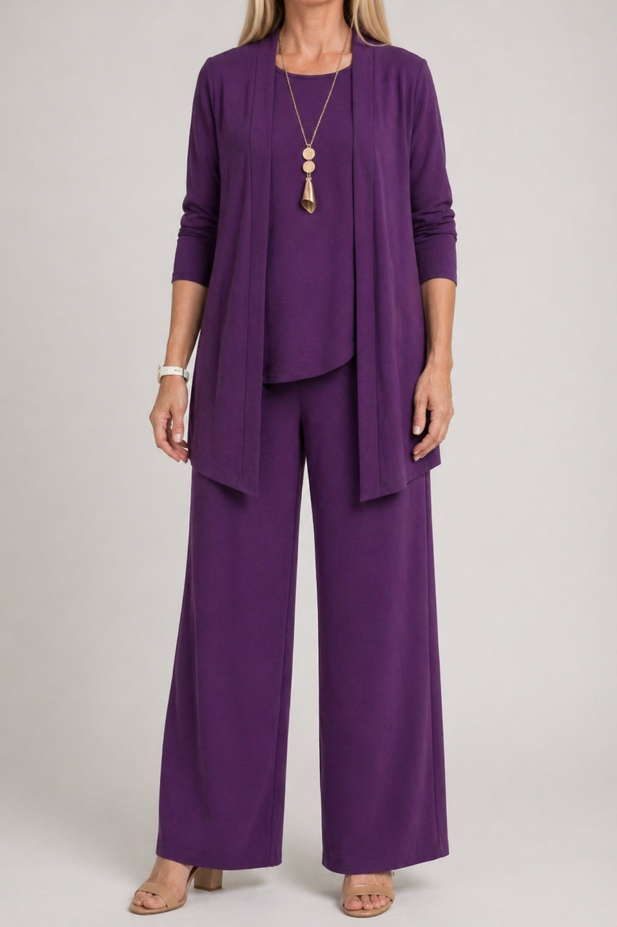 Three Piece Coordinated Set Cardigan Top and Trousers for Women