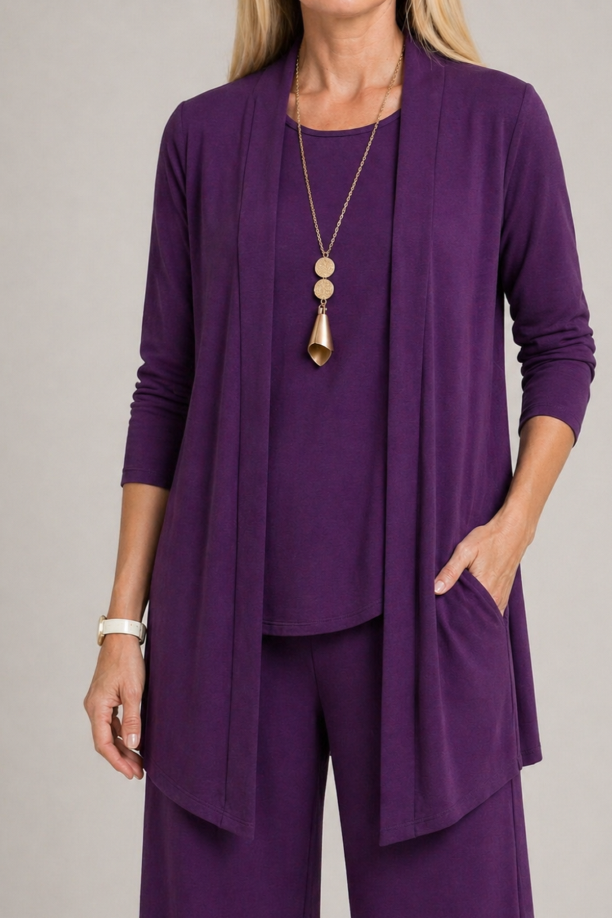 Three Piece Coordinated Set Cardigan Top and Trousers for Women