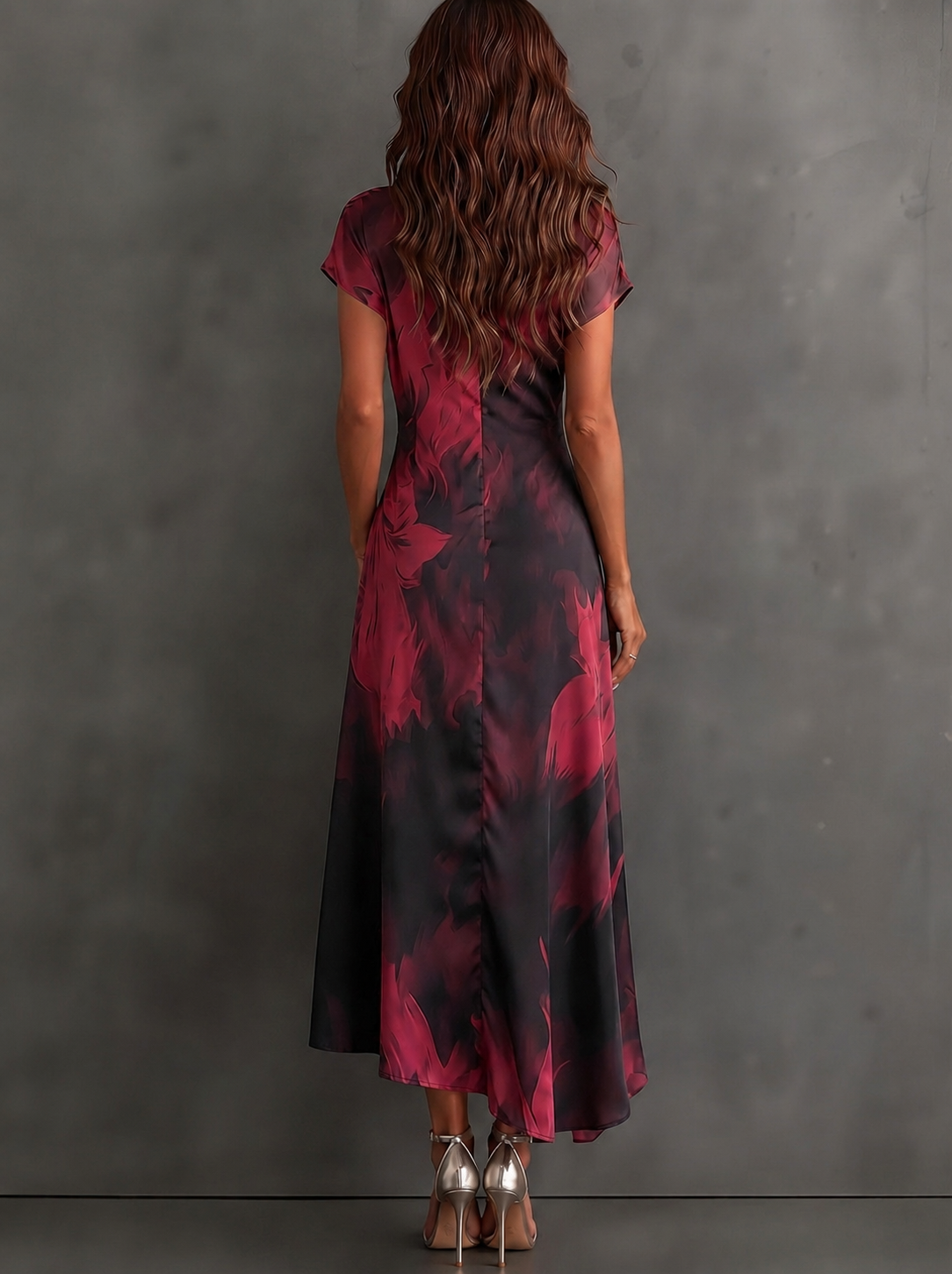 Abstract Wrap Ruffle Midi Dress