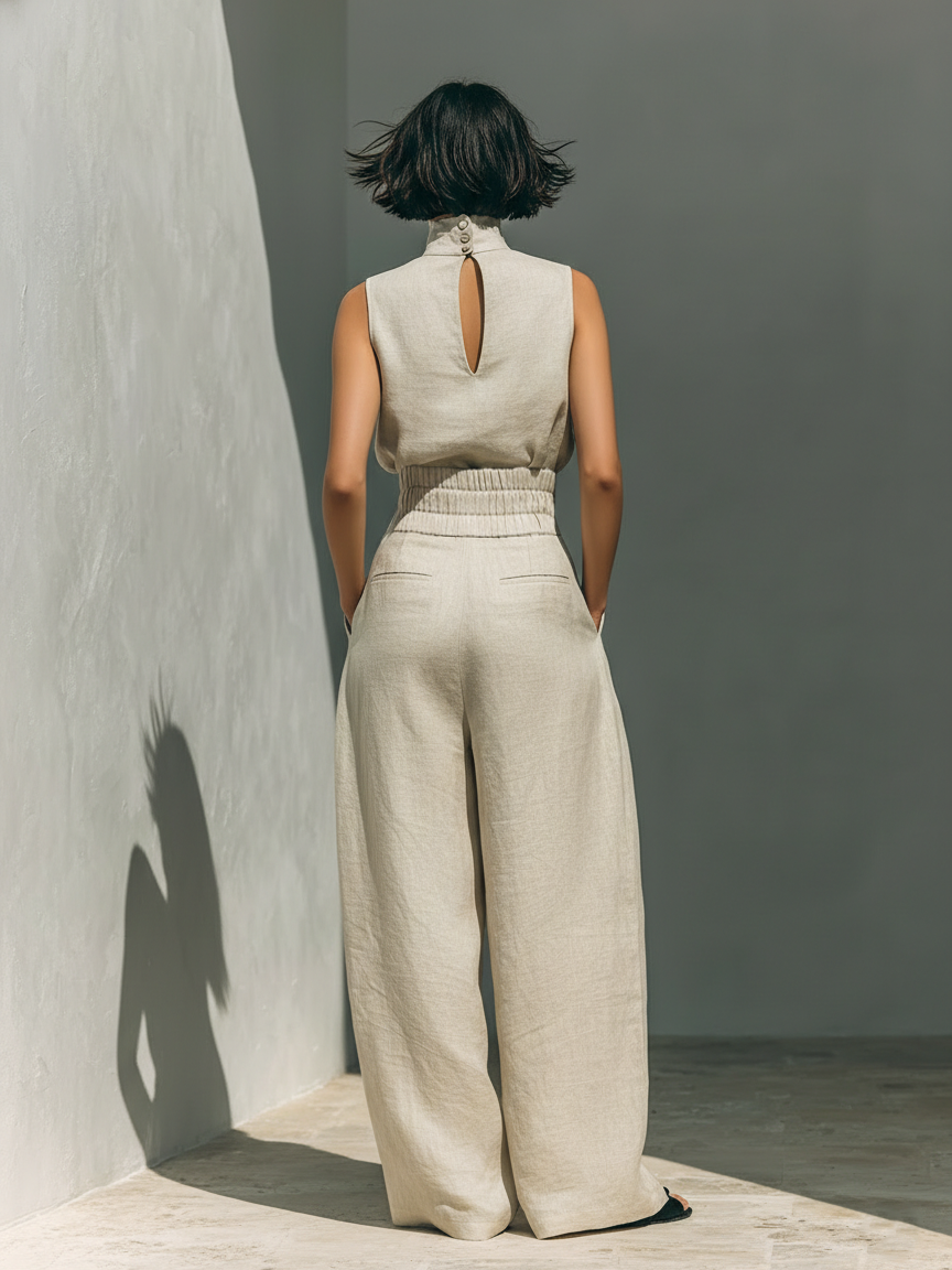 Women's minimalist set in cotton and linen with sleeveless blouse and wide-leg pants