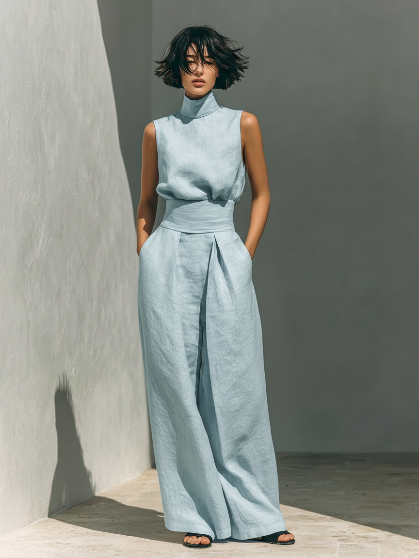 Women's minimalist set in cotton and linen with sleeveless blouse and wide-leg pants