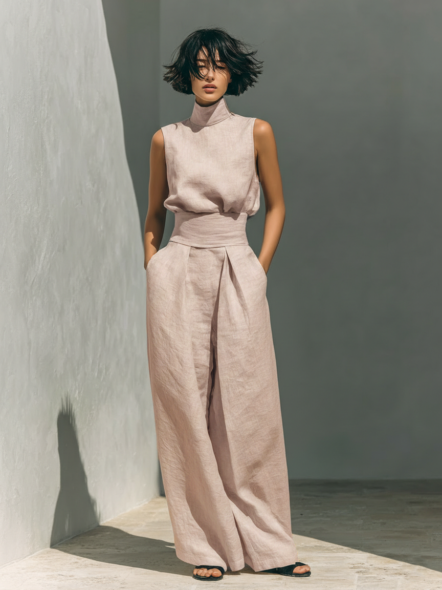Women's minimalist set in cotton and linen with sleeveless blouse and wide-leg pants