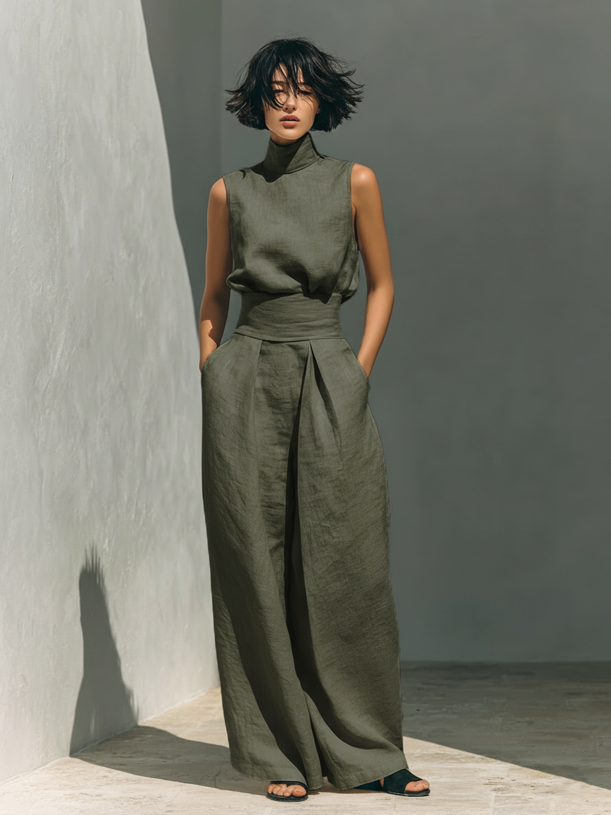 Women's minimalist set in cotton and linen with sleeveless blouse and wide-leg pants
