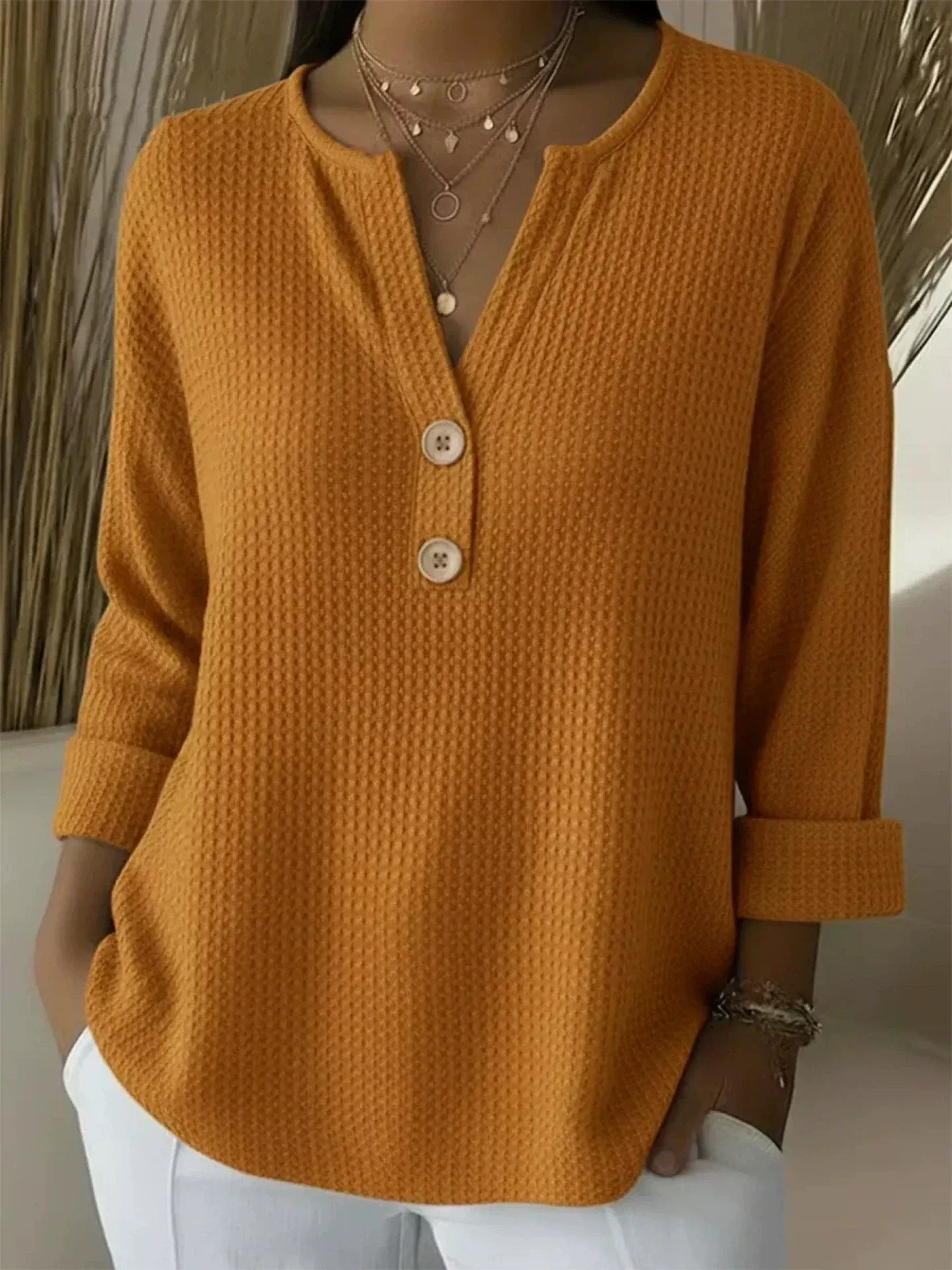 Astrid – Textured Button Henley Top