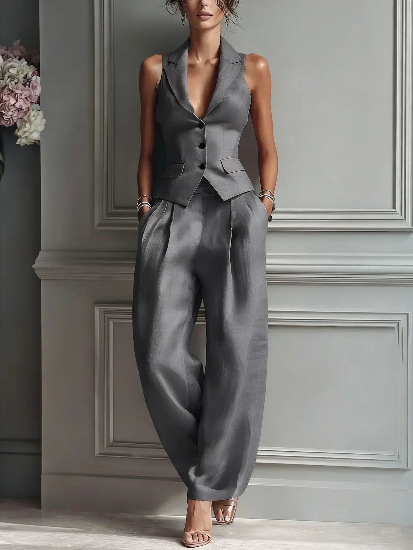 Star Buttoned Two-Piece Set with V-Neck