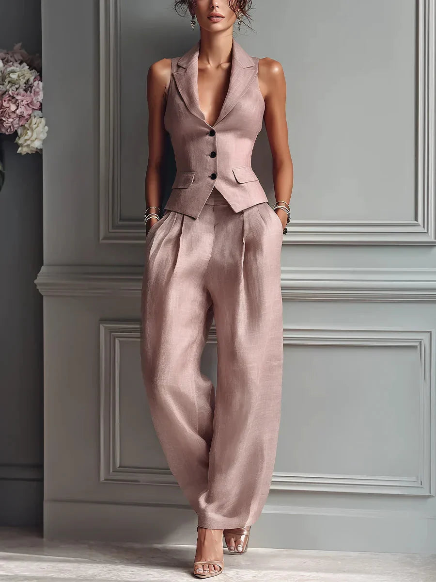 Star Buttoned Two-Piece Set with V-Neck