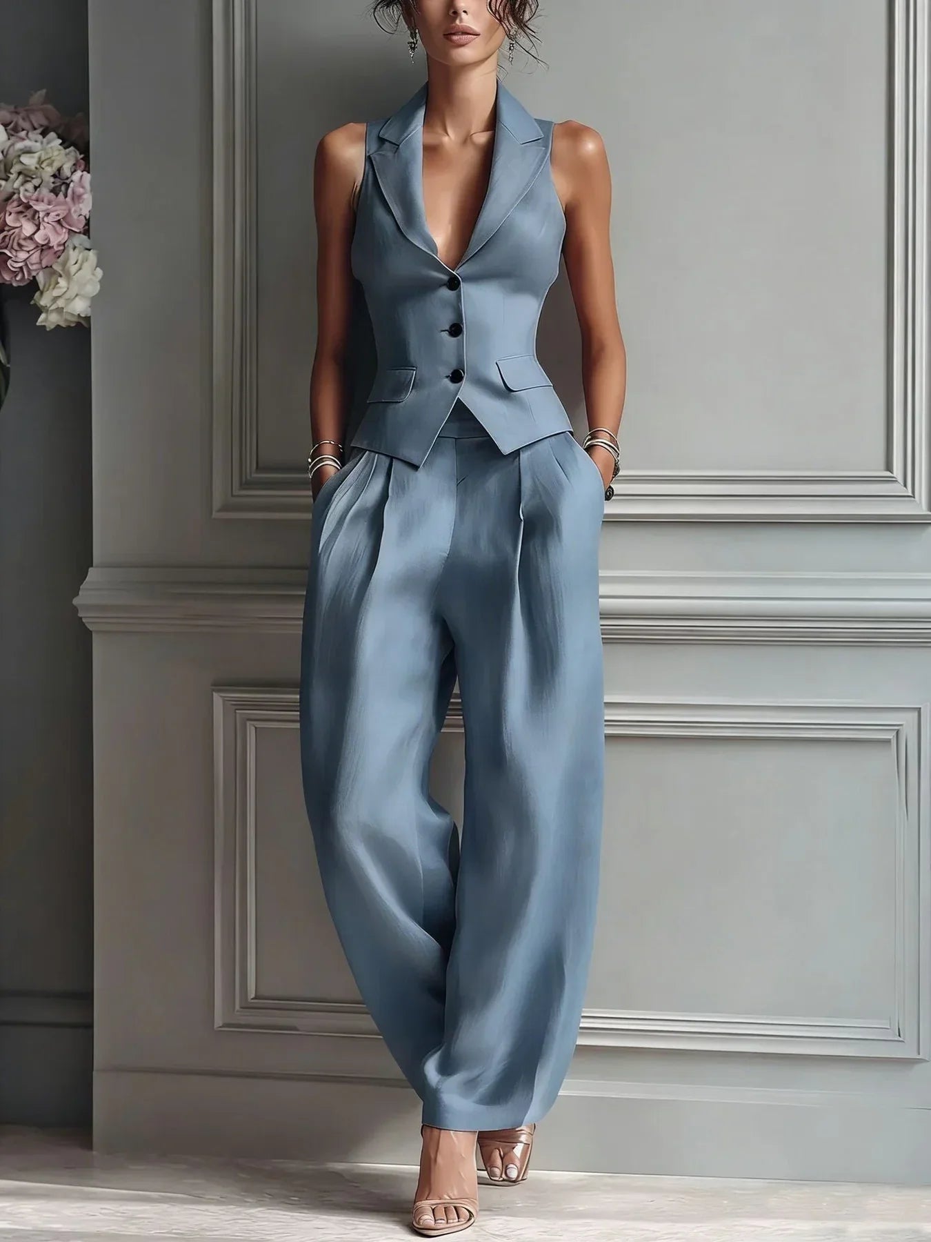 Star Buttoned Two-Piece Set with V-Neck