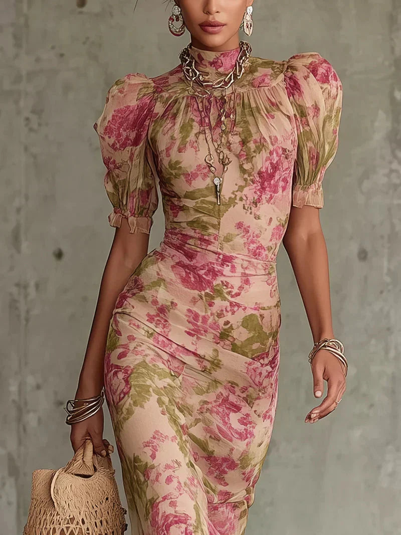 Eugenia Vintage Floral Print Maxi Dress in Pink with Puff Sleeves (Accessories not included)