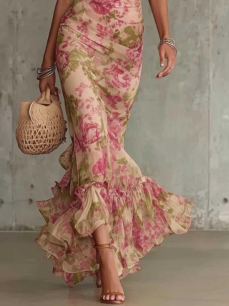 Eugenia Vintage Floral Print Maxi Dress in Pink with Puff Sleeves (Accessories not included)