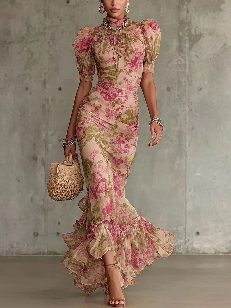 Eugenia Vintage Floral Print Maxi Dress in Pink with Puff Sleeves (Accessories not included)