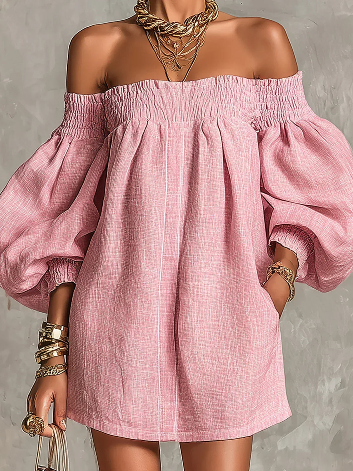 Gisela Mini Dress Pink A-Line with Puff Sleeves and Off-Shoulder Design