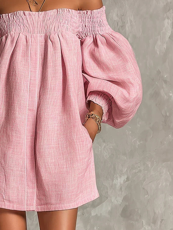 Gisela Mini Dress Pink A-Line with Puff Sleeves and Off-Shoulder Design
