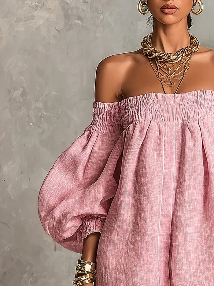 Gisela Mini Dress Pink A-Line with Puff Sleeves and Off-Shoulder Design
