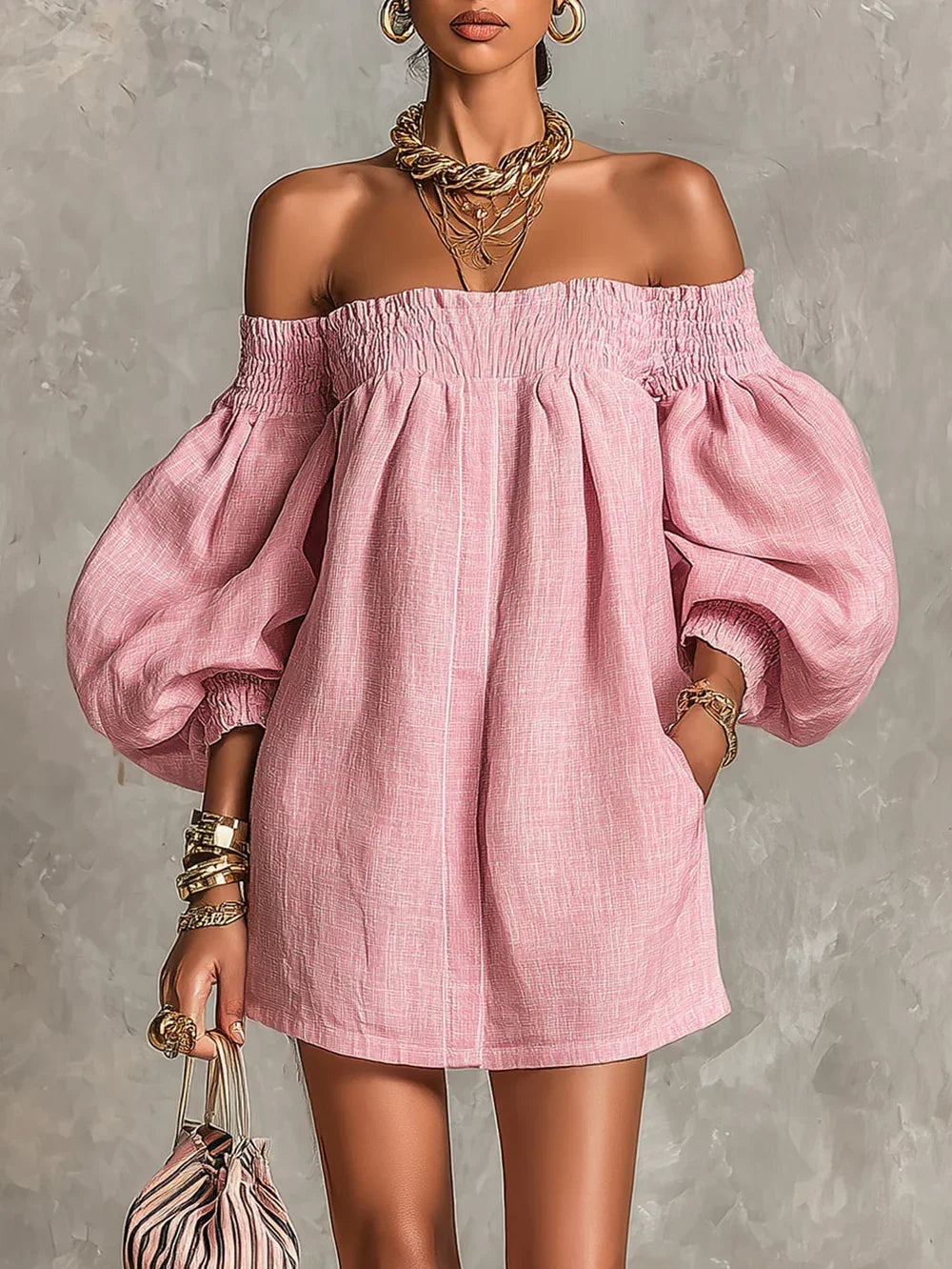Gisela Mini Dress Pink A-Line with Puff Sleeves and Off-Shoulder Design